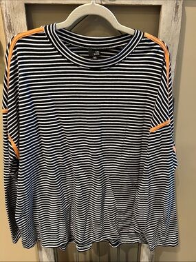 Lisa Bayne Blue & White Striped Long Sleeve Tee with Orange Trim